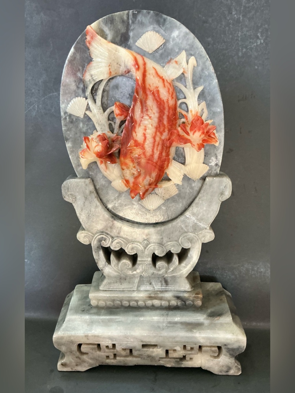 Koi Fish with Lotus blossoms Soapstone Sculpture Chinese Asian 2 Pieces Medallio